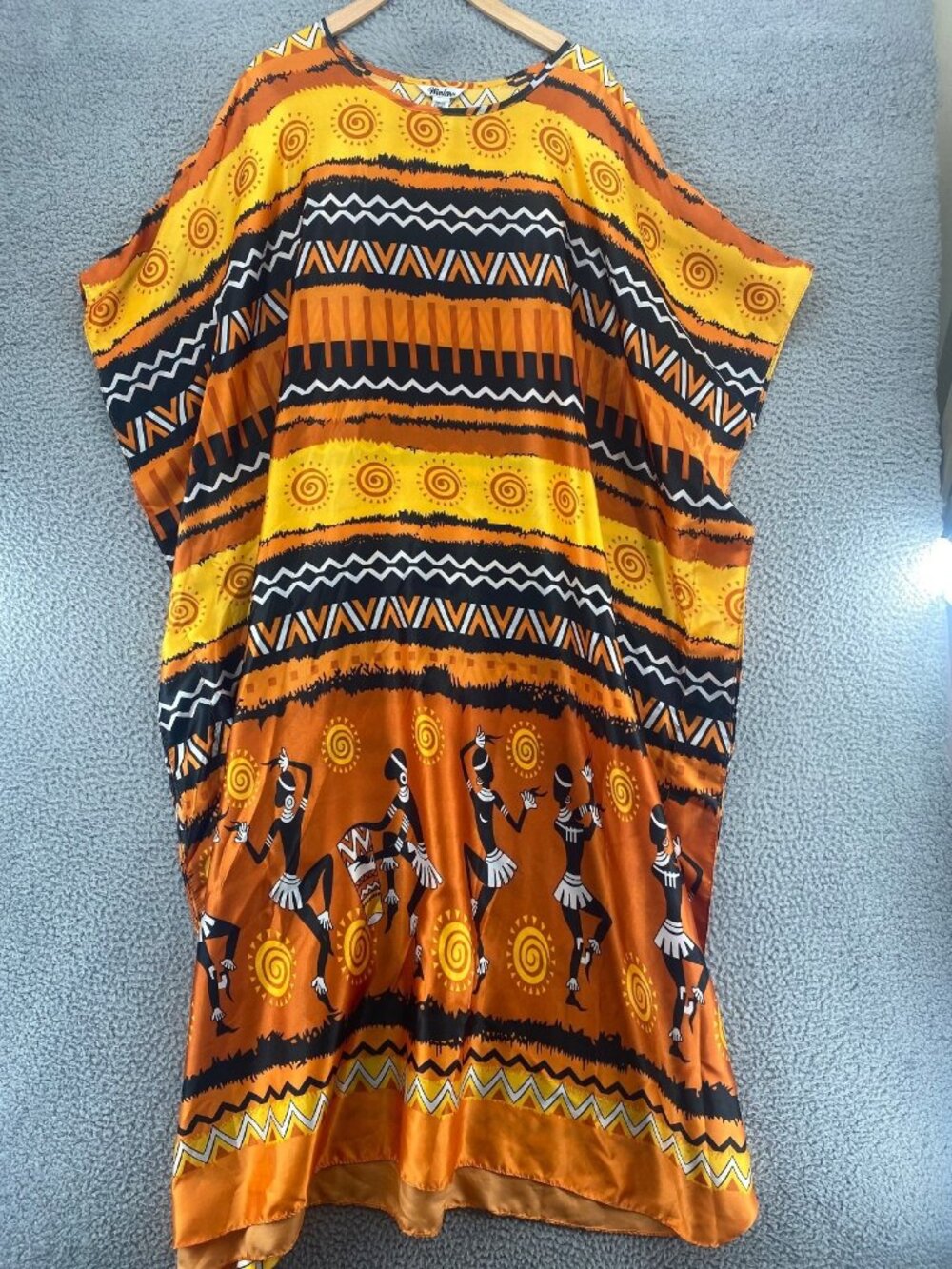 Winlar Dress Womens OS Orange Muu Muu Kaftan Satin African Tribal Striped Maxi